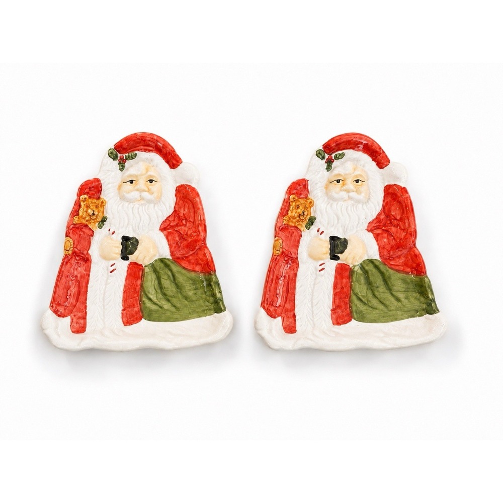 Set of 2 Ceramic Santa Christmas Plates Cat Gift Sack Holiday Decor 1 w/ Box